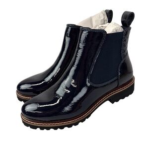 SoftWalk Womens 7.5 Indy Navy Blue Patent Lug Heel Boot Dressy Chelsea Pull On